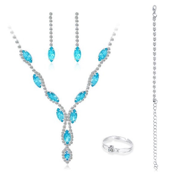 Jewelry - Blue Rhinestone 4 Piece Jewelry Set Necklace Bracelet, Earrings Adjustable Ring